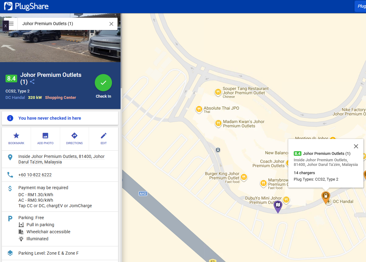 PlugShare listing for DC Handal chargers at Johor Premium Outlets, Kulai