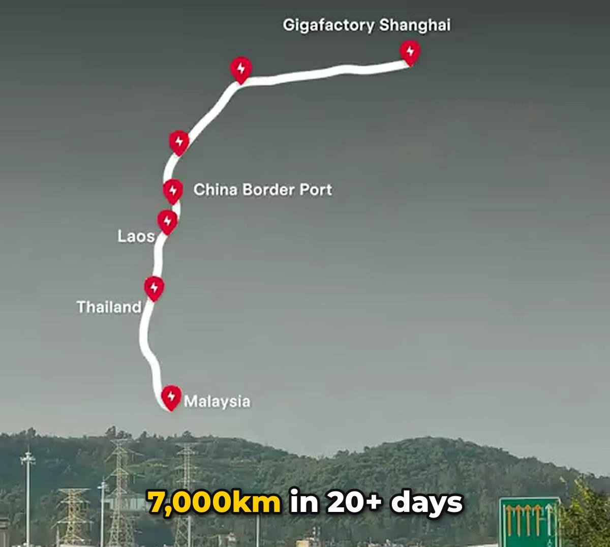 Route map of an EV road trip from Malaysia through Thailand and Laos to the China border and Gigafactory Shanghai